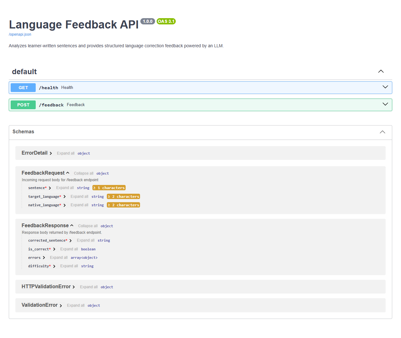 Pangea Language Feedback API documentation showing the feedback endpoint and request and response schemas.